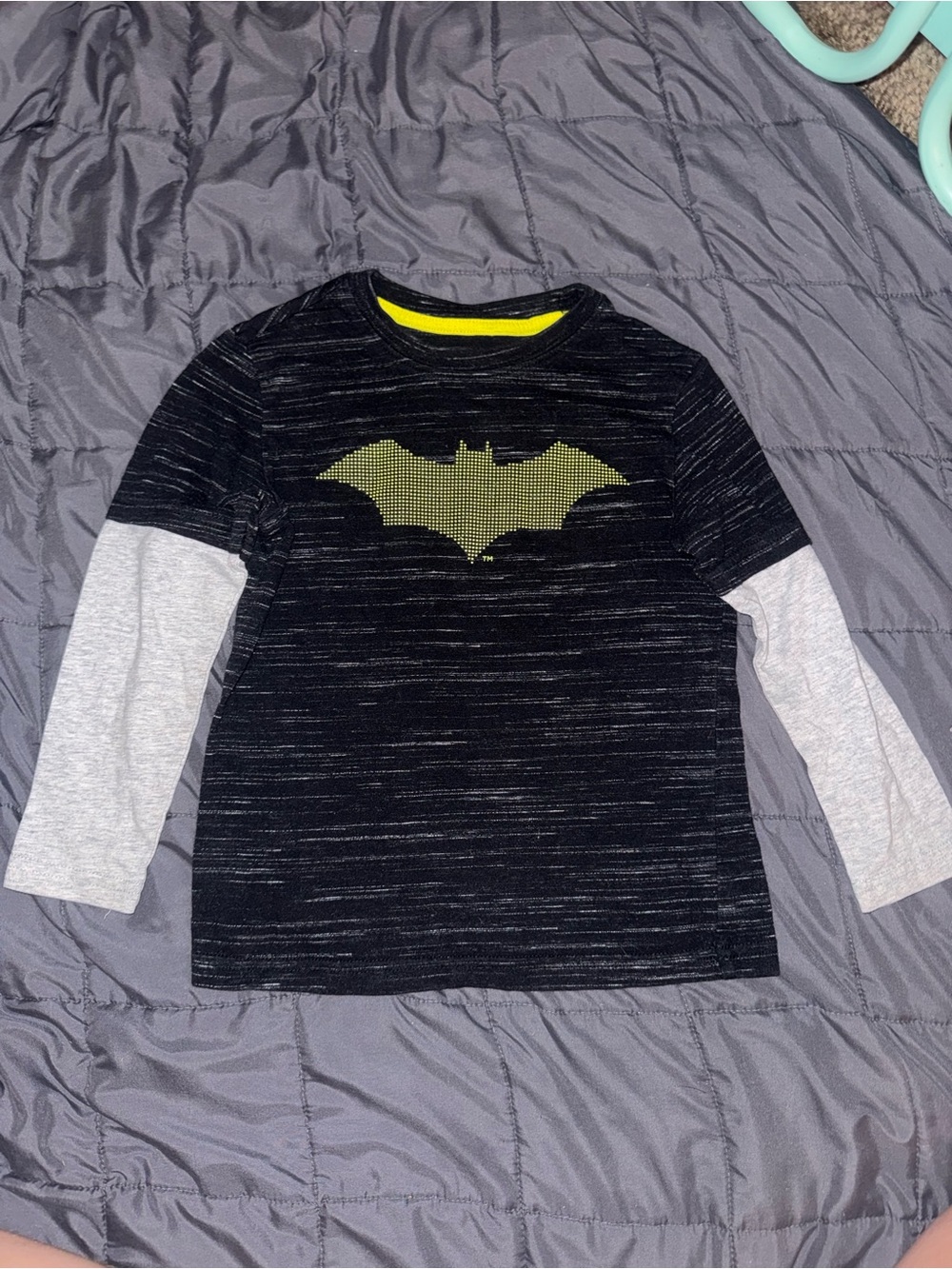 Batman Black Heather Layered-Look Long Sleeve Tee with Yellow Logo